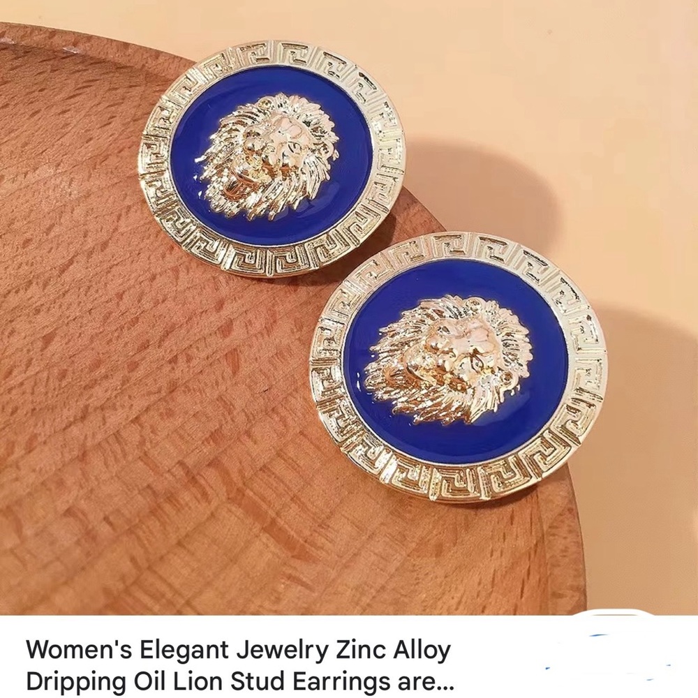 Gold and Blue Lion Stud Earrings